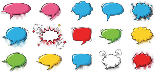 pop art comic speech bubble vector icon set featuring colorful chat clouds blast explosion and halftone shadows © Lipi