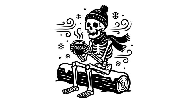 Skeleton wearing winter clothing sitting outside.