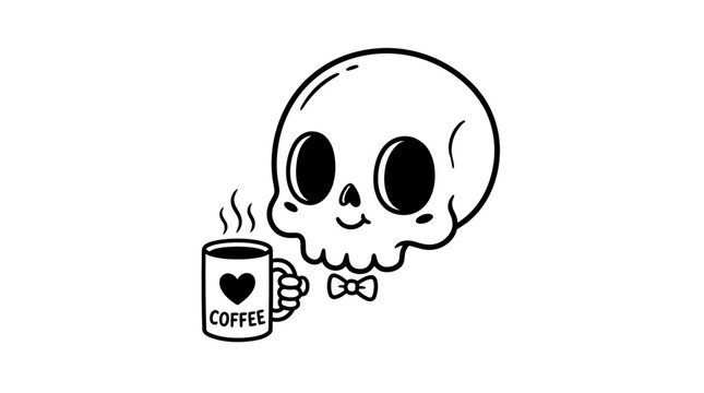 Smiling skull with coffee mug.