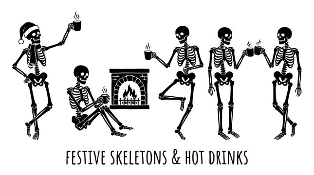 Group of skeletons with hot drinks.