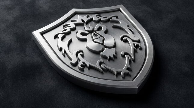 Close-up Metal Shield Emblem Blazoned with Lion
