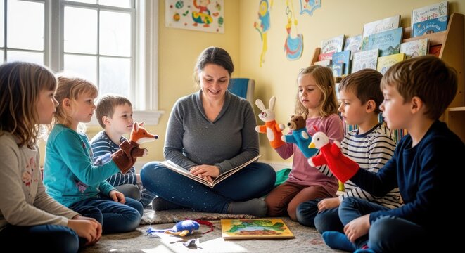Teacher using hand puppets to tell stories to children.
