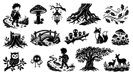 Fototapeta premium Black and White Forest Scene Icons: Kids, Animals, Nature, Mushrooms, Lantern