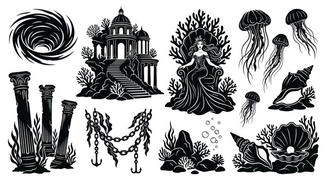 Underwater World Monochromatic Glyph Vector Set with Mermaid, Atlantis Temple, Marine Life, and Ancient Ruins