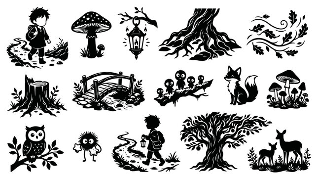 Black and White Forest Scene Icons: Kids, Animals, Nature, Mushrooms, Lantern