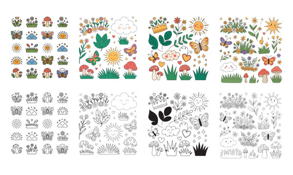 sweden midsummer nature flower doodle sticker icon set colorful vector
