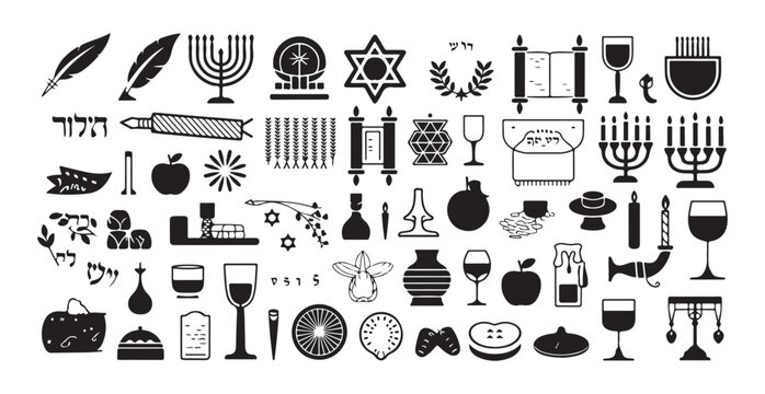 Hebrew religious items and holiday icons collection with menorah torah scrolls and traditional symbols.