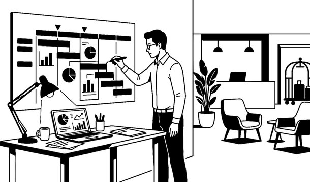Project manager planning a strategy on a large wall chart
