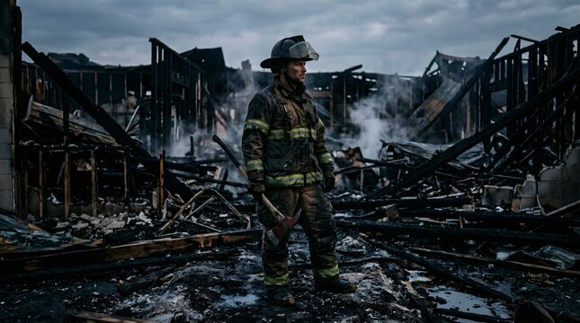 Firefighter pauses in the center of a desolate, burnt-out structure while holding a tool amidst the blackened wreckage.