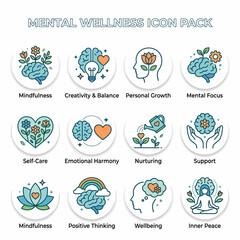 Fototapeta premium Mental Wellness and Self-Care Icon Pack Mindfulness, Harmony, and Inner Peace