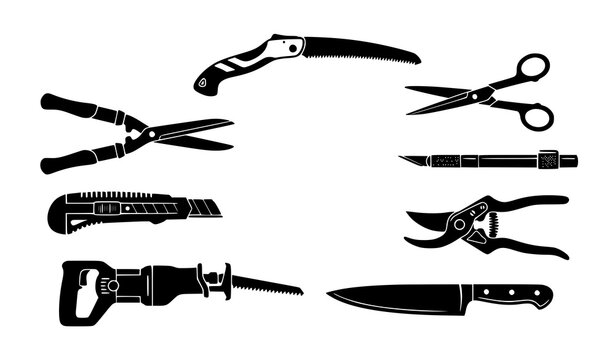Minimal cutting tools silhouette vector set with saw knife scissors and secateurs industrial icons