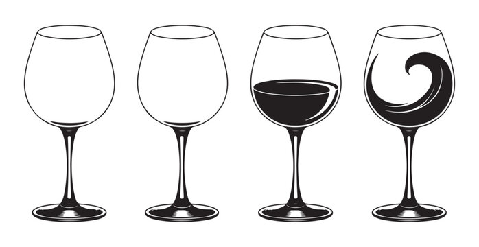 Four wine glasses showing empty partial full and splashing liquid stages on white background.