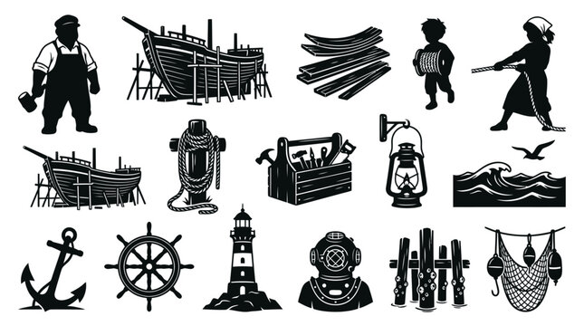 Nautical and Maritime Icons Silhouette Set. Sea, Fishing, Shipbuilding Black  White Vector Glyphs.