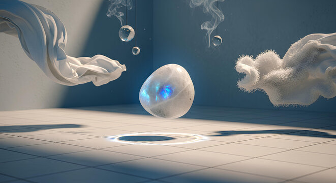 Floating Moonstone in Minimalist Tiled Courtyard Surreal Concept