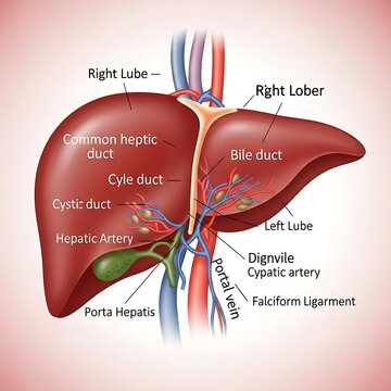 Liver anatomy with labeled parts detailed.