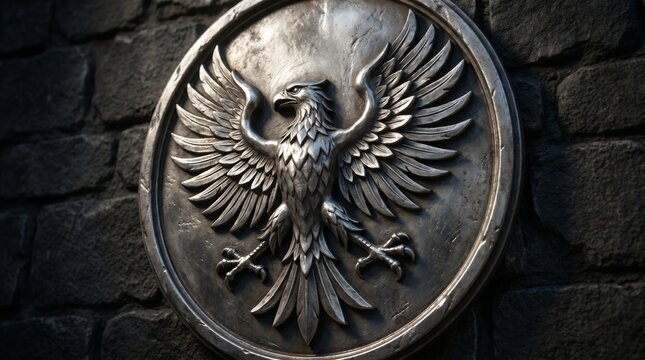 Metallic Eagle Emblem on Stone Wall Closeup