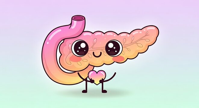 Cartoon pancreas character with heart.