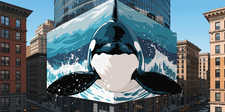 Massive anamorphic billboard depicting a killer whale leaping over a busy urban street with yellow taxis
