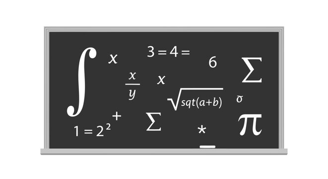 Mathematical formulas and equations on a blackboard with complex calculations