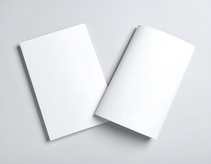 Fototapeta premium Two blank white brochures or magazines on a light gray background.