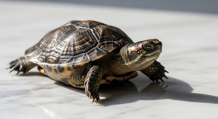 Obraz premium Turtle on a gray surface outdoors.