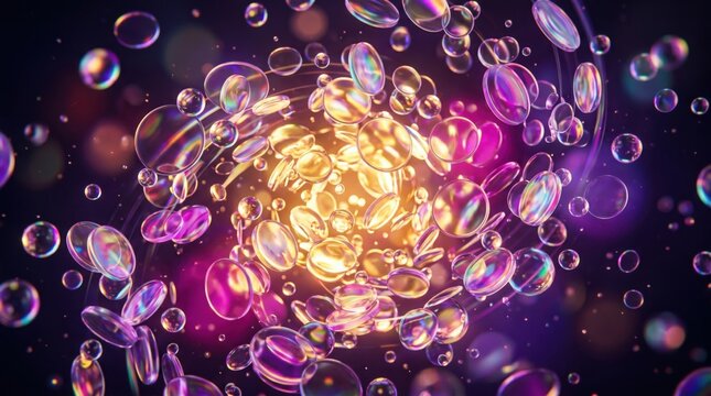 Abstract Molecular Burst: A vibrant, swirling vortex of iridescent bubbles and glowing particles, evoking a sense of cosmic creation or scientific discovery.