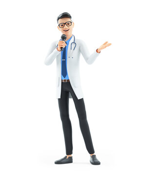 3d cartoon doctor speaking into a microphone