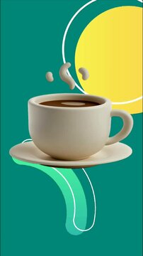A steaming cup of dark liquid sits on a saucer against a teal background with yellow and green graphic elements, creating a modern, minimalist aesthetic.
