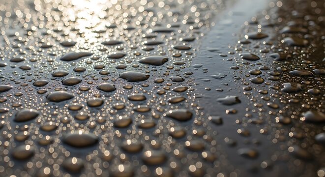 Water droplets on wet pavement surface.