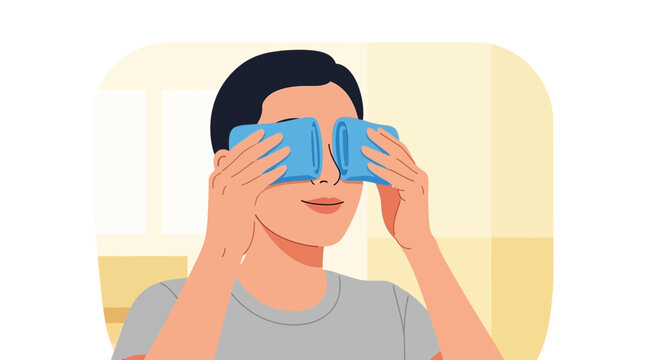 Man Applying Cold Compress On Eyes, Relieving Tiredness or Puffiness, Eye Care Concept