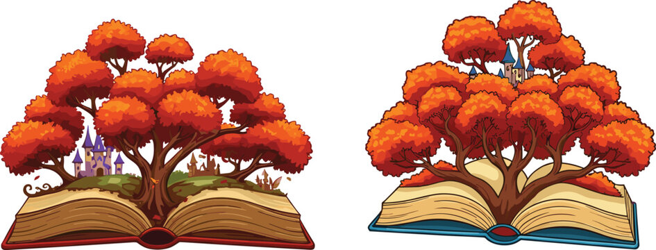 Fantasy, autumn, tree, growing, from, open, book, illustration, magical, forest, fairytale, castle, knowledge, imagination, education, nature, concept, storybook, vector, art