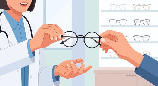 Optician Giving New Eyeglasses to Customer in Optical Shop with Display of Frames
