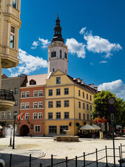Obraz premium Historic town hall tower and fountain in Swidnica Poland.