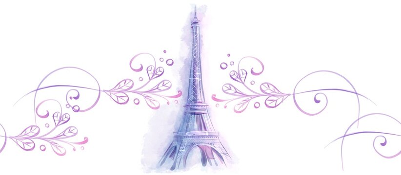 Seamless watercolor banner with Eiffel Tower and romantic ornamental pattern. Elegant Paris design for invitations and web banners