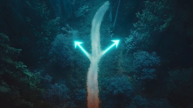 Conceptual background: Glowing arrows pointing left and right at a Y-junction in a dark night forest