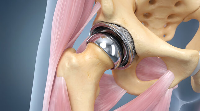 3D hip joint replacement prosthesis with metal ball socket implant muscle anatomy