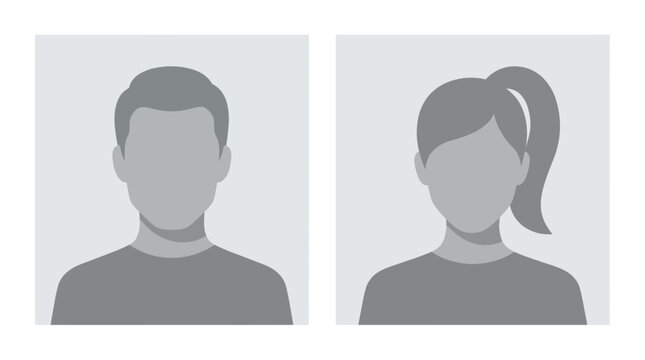Minimalist grey silhouette profile icons of a man and a woman in a neutral flat vector style, Represents user account placeholders and provides anonymous member registration graphics