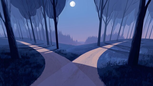Conceptual background: Glowing dirt road splitting in two in a moonlit night forest