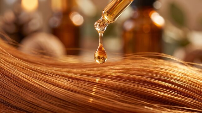 Macro de una gota dorada de suero capilar cayendo desde una pipeta sobre un cabello liso y cobrizo para hidrataci&oacute;n profunda