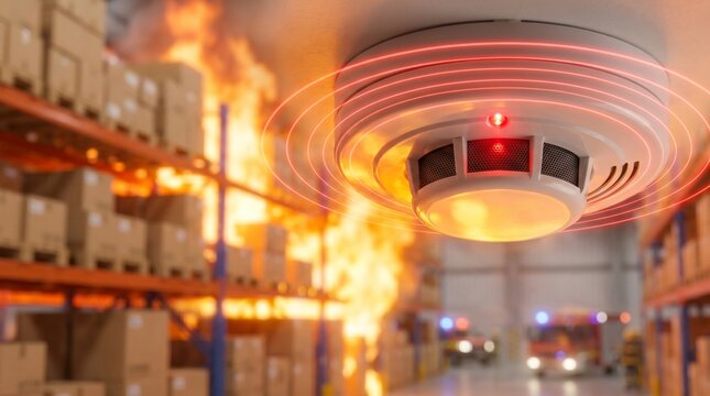 Detector de humo activado con luces rojas durante un intenso incendio en un almac&eacute;n log&iacute;stico.