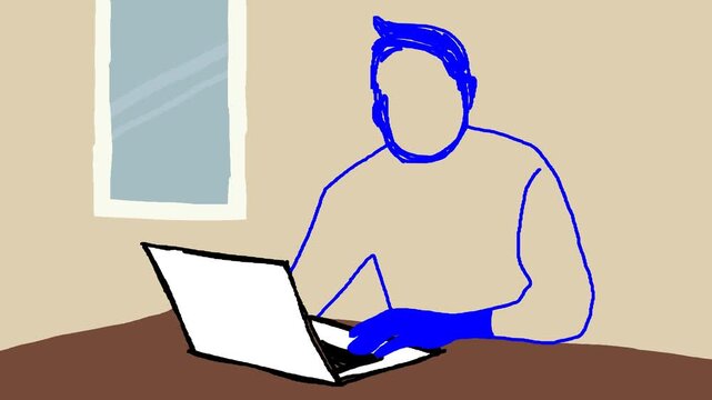Person with a laptop working on a table, abstract scribble style animation, work from home, small business, content creator, and freelancing concept.