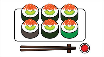 Sushi rolls with salmon roe and chopsticks flat vector illustration © mdaburaihan