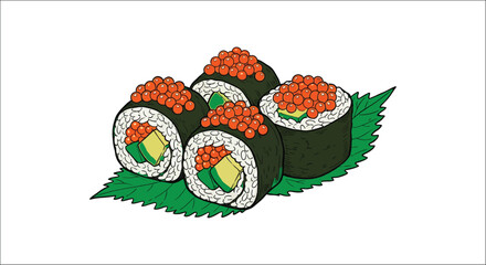 Sushi rolls with salmon roe on a white background © mdaburaihan