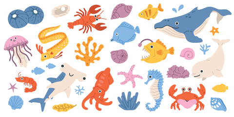 Obraz premium Cute colourful marine animals collection with whale, shark, jellyfish, squid, crab, lobster and tropical fish. underwater vector set for kids, nursery, fabric, stickers and education.