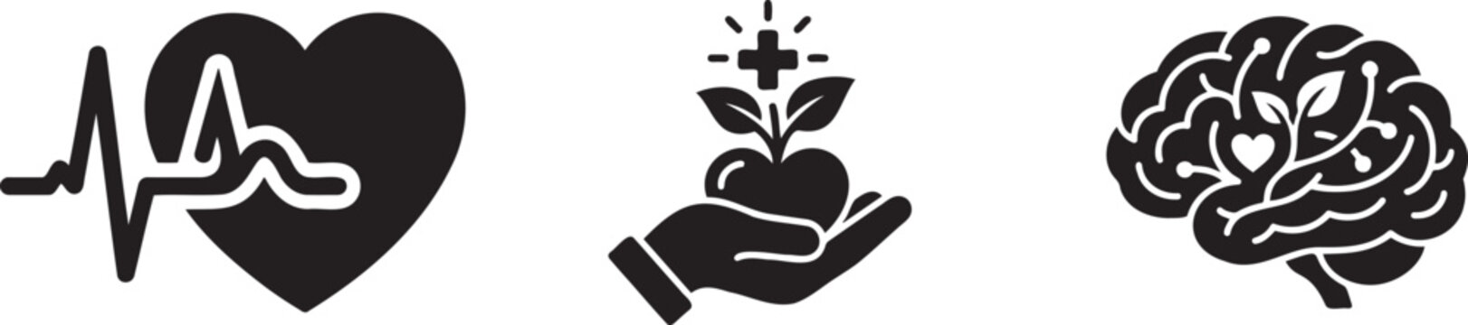 Black icons of heart rate, healthy heart and brain