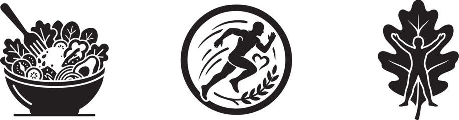 Obraz premium Black and white icons of salad bowl, running man, and leaf