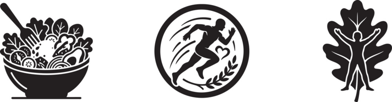 Black and white icons of salad bowl, running man, and leaf