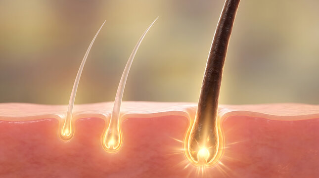 Hair follicle cross section showing three strands with glowing root bulb regeneration