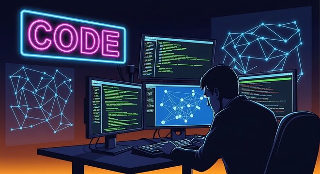Man working on computer coding programming.