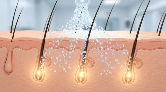 Hair follicle cross section with needle injecting bubble serum into scalp layer